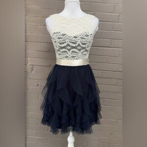 Ivory lace and navy blue full tiered  party/ cocktail dress 1/2